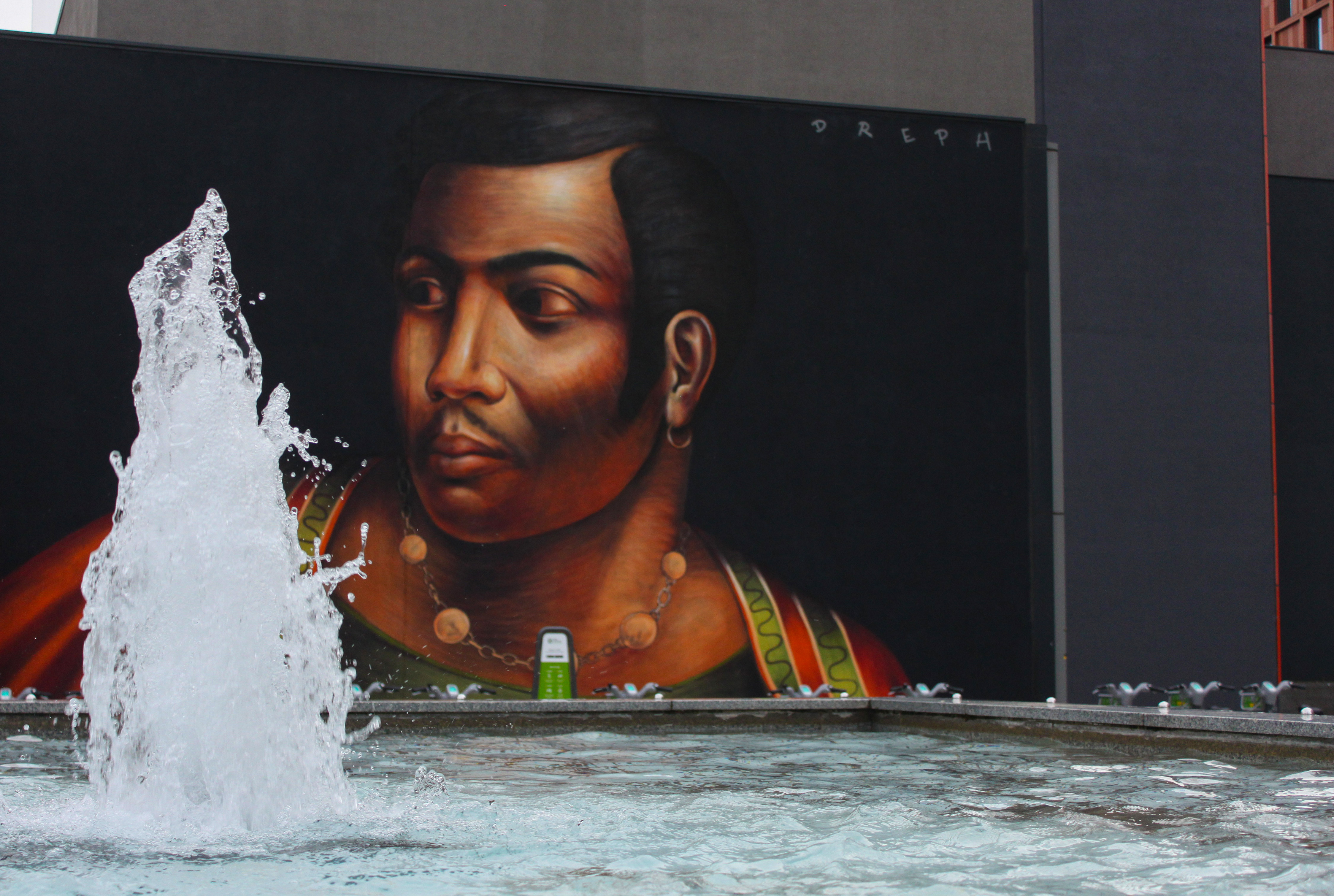 Ira Aldridge mural at the Belgrade Theatre, with the Belgrade Plaza fountain in the foreground